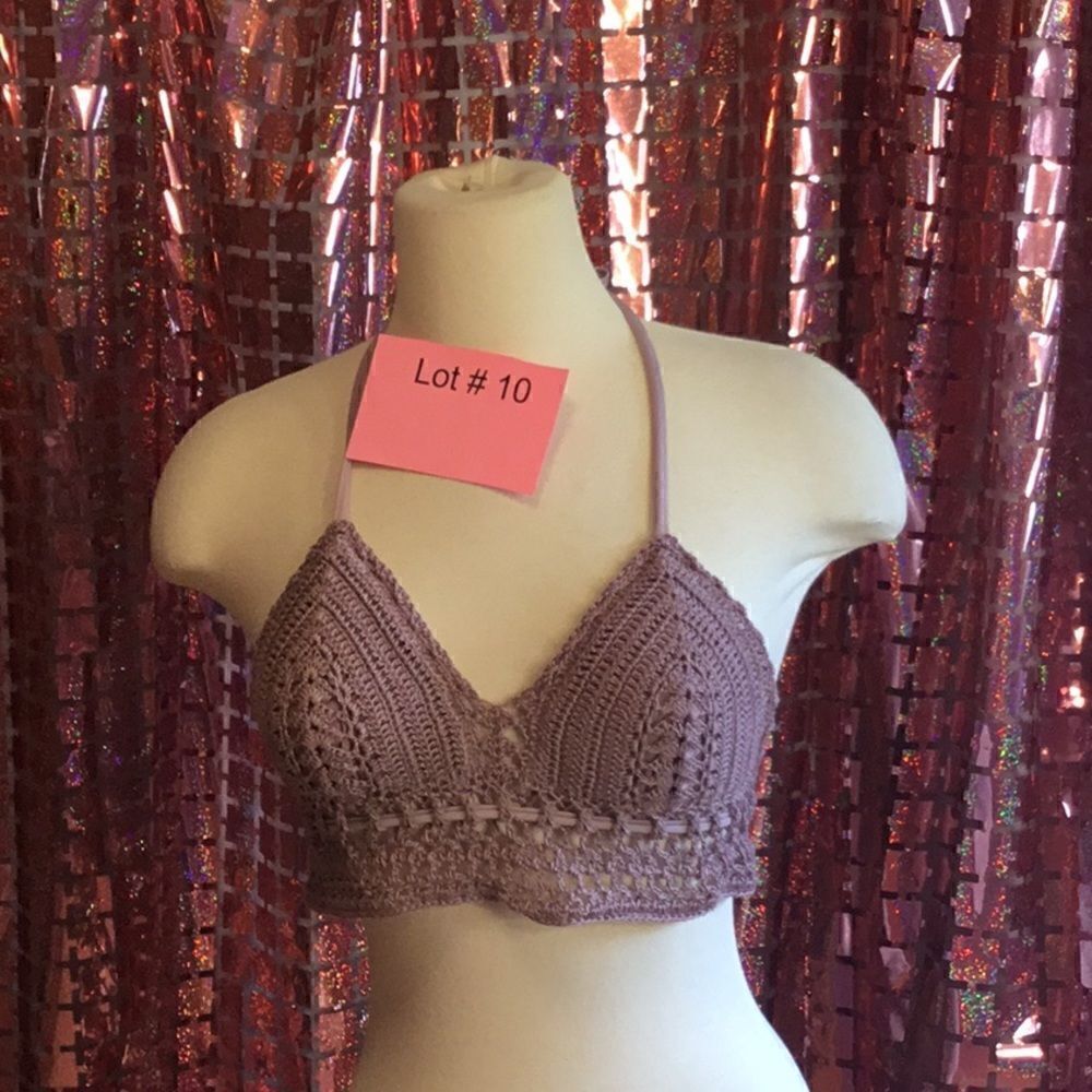 Lilac colored knit bikini top with ties at neck & back, size small